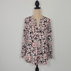 AQUA Womens Neon Pink Orange Black Abstract Floral Split V-Neck Blouse Size M